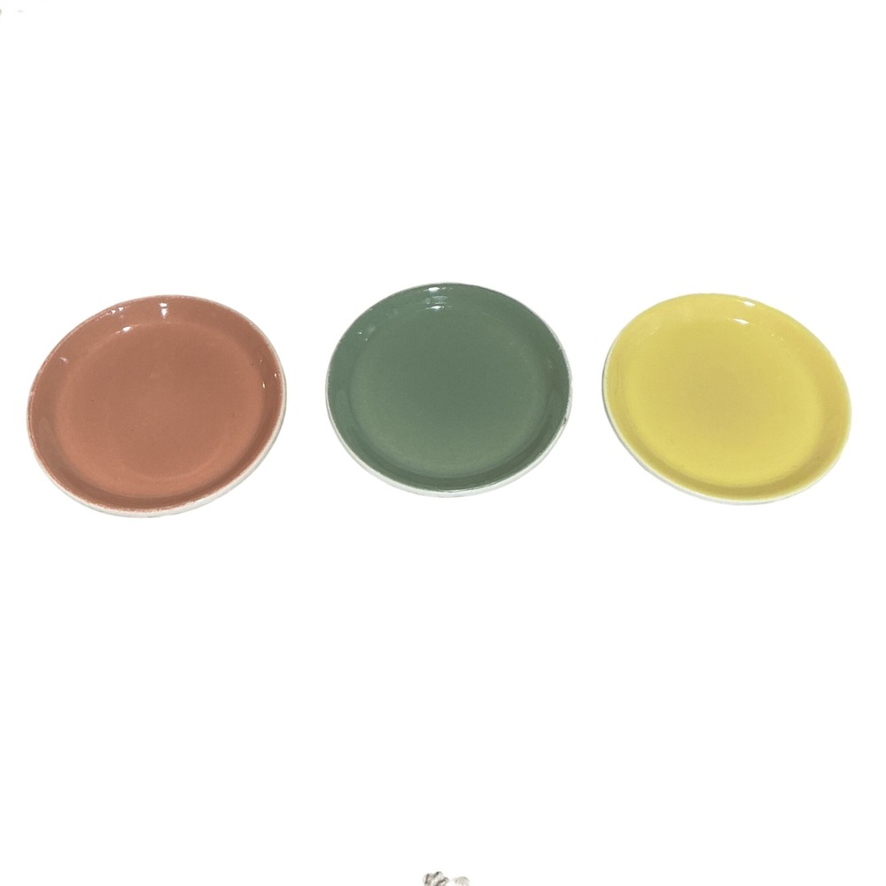 Vintage Butter Pat Set Of 3 Muted Pink Green Yellow Ceramic MCM 3"